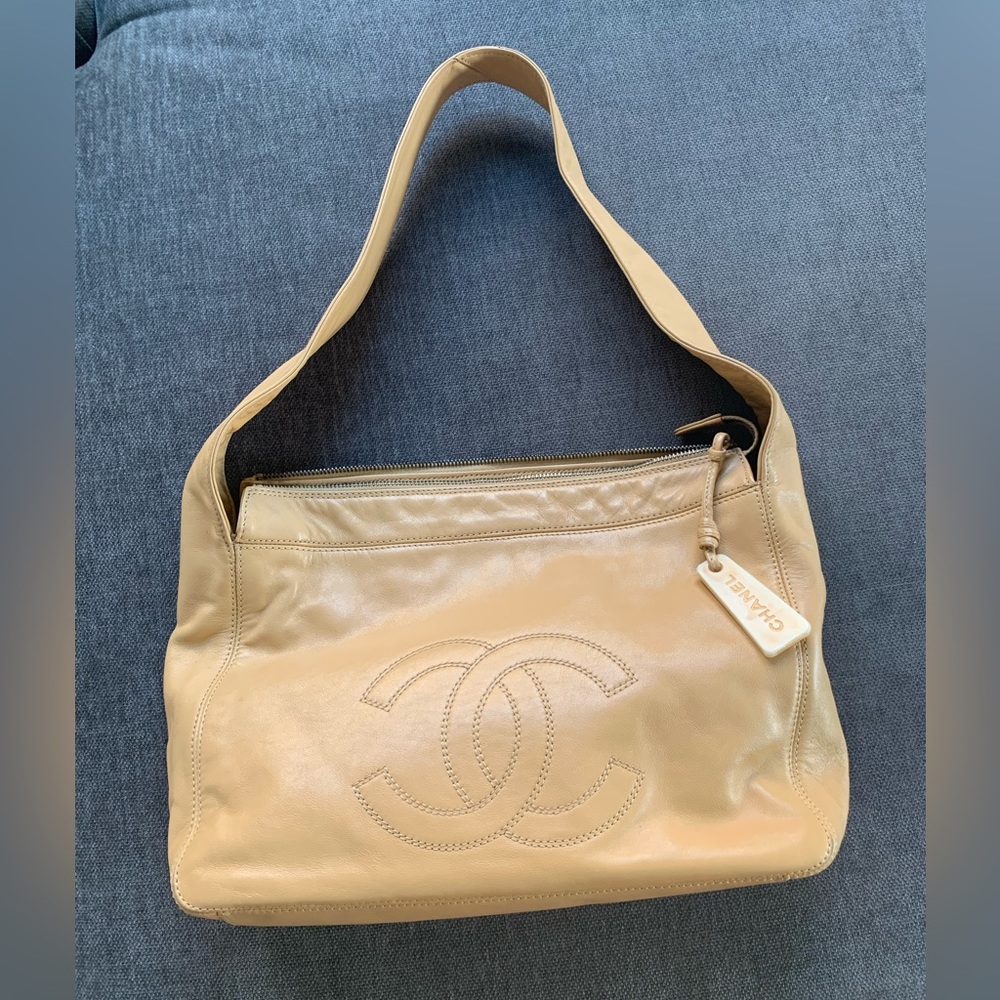 Chanel CC Hobo Bag in Tan Cream Calfskin Leather